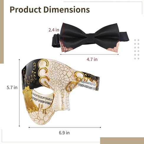 تغطية تنكرية Homaisson للرجال ، وغطاء نصف الوجه مع Bowtie ، وغطاء البندقية البلاستيكية السوداء والذهبية ، وملحقات أزياء الحفلات القديمة للحفلات in Kuwait