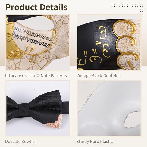 تغطية تنكرية Homaisson للرجال ، وغطاء نصف الوجه مع Bowtie ، وغطاء البندقية البلاستيكية السوداء والذهبية ، وملحقات أزياء الحفلات القديمة للحفلات in Kuwait