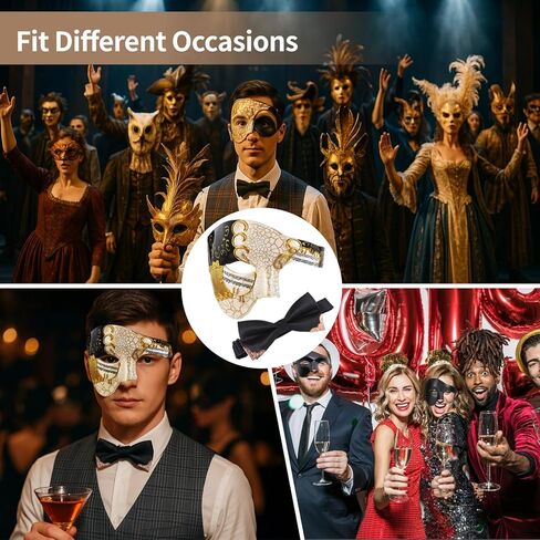 تغطية تنكرية Homaisson للرجال ، وغطاء نصف الوجه مع Bowtie ، وغطاء البندقية البلاستيكية السوداء والذهبية ، وملحقات أزياء الحفلات القديمة للحفلات in Kuwait
