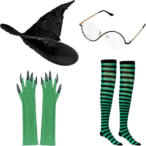 Morticia Witch Assume Associory Glases Green Gloves Green and Black Pracked Scriped Scheds Witch Cosplay Decorations in Kuwait
