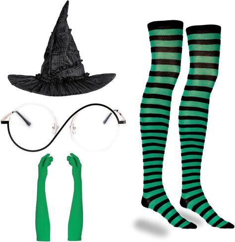 Morticia Witch Assume Associory Glases Green Gloves Green and Black Pracked Scriped Scheds Witch Cosplay Decorations in Kuwait