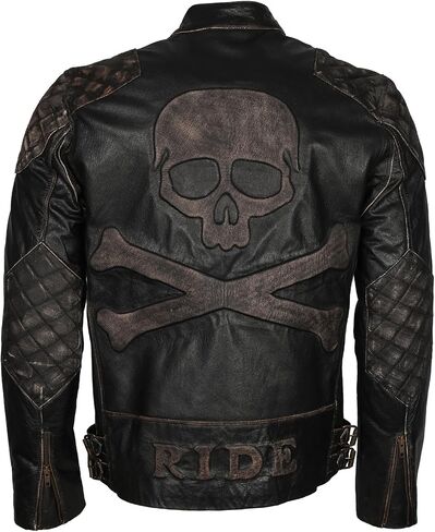 Mens Skull & Bones Black Distressed Leather Vintage Motorcycle Cowhide Jacket in Saudi Arabia