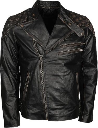 Mens Skull & Bones Black Distressed Leather Vintage Motorcycle Cowhide Jacket in Saudi Arabia