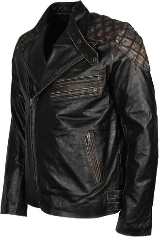 Mens Skull & Bones Black Distressed Leather Vintage Motorcycle Cowhide Jacket in Saudi Arabia