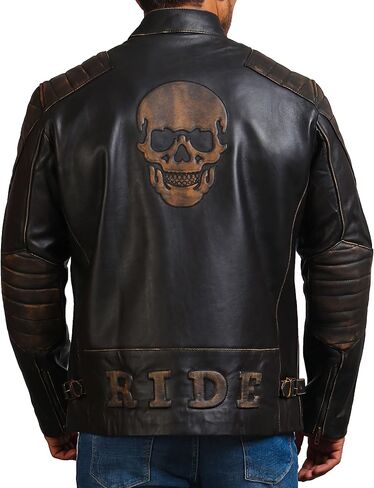Mens Skull & Bones Black Distressed Leather Vintage Motorcycle Cowhide Jacket in Saudi Arabia