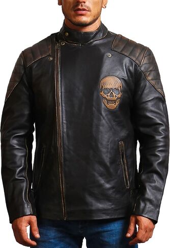 Mens Skull & Bones Black Distressed Leather Vintage Motorcycle Cowhide Jacket in Saudi Arabia