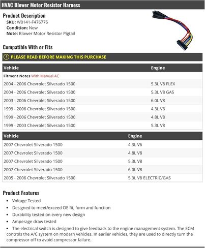 HVAC Blower Motor Resistor Harness - Compatible with 1999-2007 Chevy Silverado 1500 (1999-2004 Models with Manual AC) in Saudi Arabia