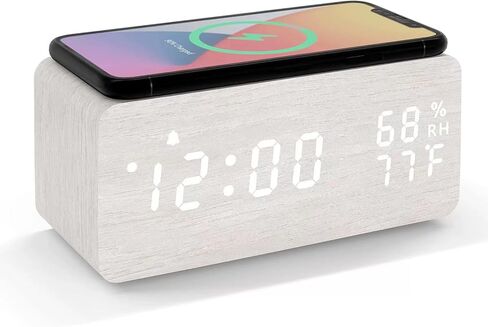 Lancoon Wooden LED Alarm Clock with Wireless Charging Temperature and Humidity Display Calendar Adjustable Brightness Sound Control for Bedroom Home Office (White) in Kuwait