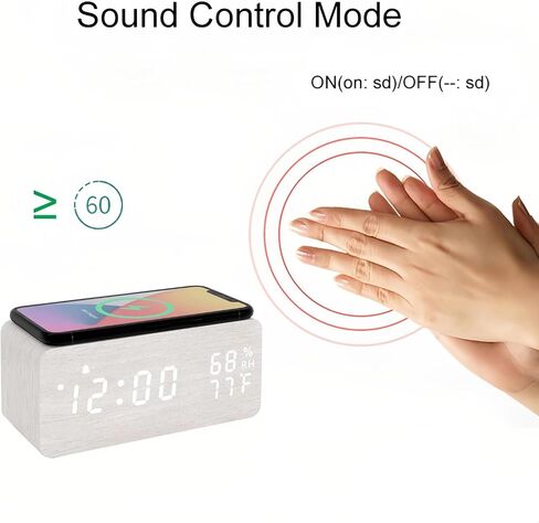 Lancoon Wooden LED Alarm Clock with Wireless Charging Temperature and Humidity Display Calendar Adjustable Brightness Sound Control for Bedroom Home Office (White) in Kuwait