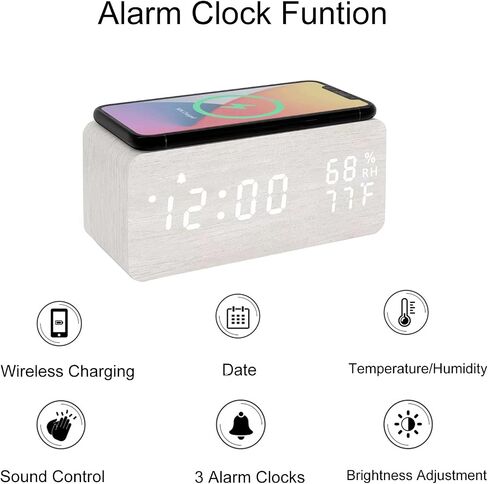 Lancoon Wooden LED Alarm Clock with Wireless Charging Temperature and Humidity Display Calendar Adjustable Brightness Sound Control for Bedroom Home Office (White) in Kuwait