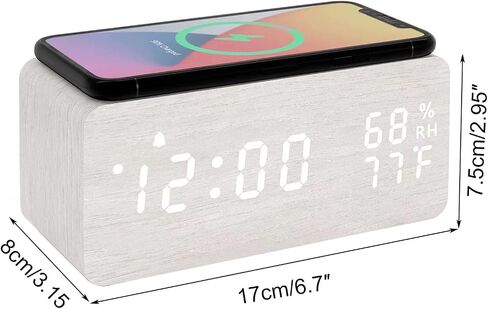 Lancoon Wooden LED Alarm Clock with Wireless Charging Temperature and Humidity Display Calendar Adjustable Brightness Sound Control for Bedroom Home Office (White) in Kuwait