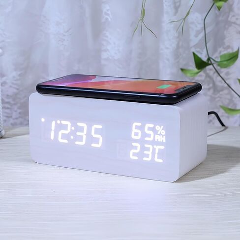 Lancoon Wooden LED Alarm Clock with Wireless Charging Temperature and Humidity Display Calendar Adjustable Brightness Sound Control for Bedroom Home Office (White) in Kuwait