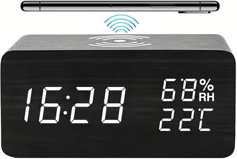 Lancoon Wooden LED Alarm Clock with Wireless Charging Temperature and Humidity Display Calendar Adjustable Brightness Sound Control for Bedroom Home Office (White) in Kuwait