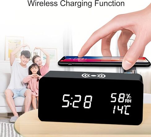 Lancoon Wooden LED Alarm Clock with Wireless Charging Temperature and Humidity Display Calendar Adjustable Brightness Sound Control for Bedroom Home Office (White) in Kuwait