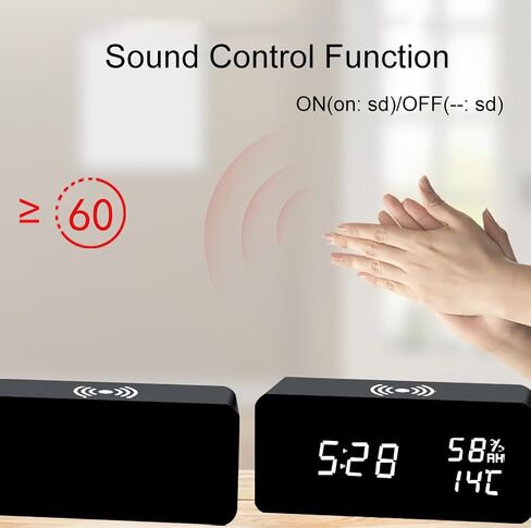 Lancoon Wooden LED Alarm Clock with Wireless Charging Temperature and Humidity Display Calendar Adjustable Brightness Sound Control for Bedroom Home Office (White) in Kuwait