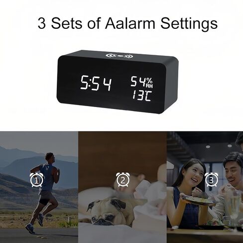 Lancoon Wooden LED Alarm Clock with Wireless Charging Temperature and Humidity Display Calendar Adjustable Brightness Sound Control for Bedroom Home Office (White) in Kuwait