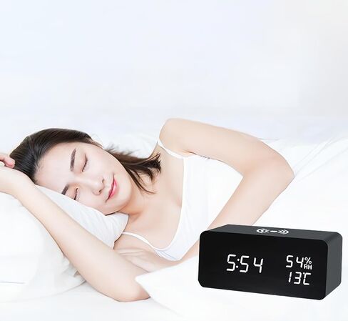 Lancoon Wooden LED Alarm Clock with Wireless Charging Temperature and Humidity Display Calendar Adjustable Brightness Sound Control for Bedroom Home Office (White) in Kuwait