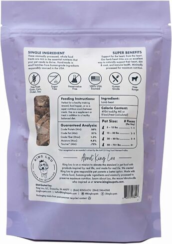 King Lou Pets - قلوب البط الكاملة للكلاب والقطط - قلوب البط المجففة بالتجميد المصنوعة في الولايات المتحدة الأمريكية - التورين والزنك والحديد - تحتوي على 30-50 قلبًا كاملاً in Kuwait