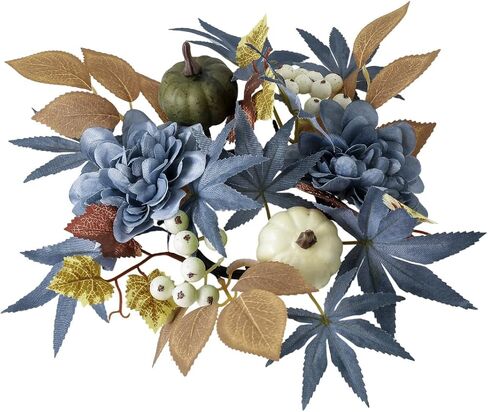 4Pcs Fall Pumpkin and Maple Leaves Candle Rings Wreaths 3 Inch Center Pip Berry Dahlia Small Wreaths for Pillar Candles Autumn Harvest Festival Thanksgiving Day Tabletop Decor (Blue) in Saudi Arabia
