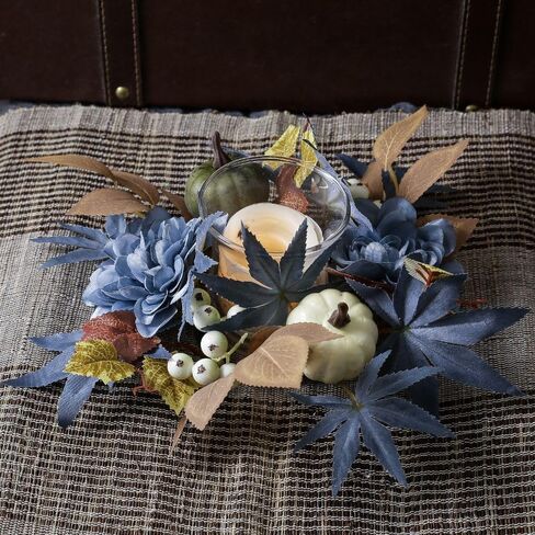 4Pcs Fall Pumpkin and Maple Leaves Candle Rings Wreaths 3 Inch Center Pip Berry Dahlia Small Wreaths for Pillar Candles Autumn Harvest Festival Thanksgiving Day Tabletop Decor (Blue) in Saudi Arabia