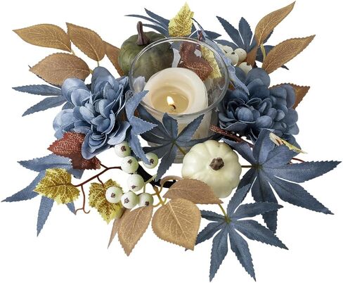 4Pcs Fall Pumpkin and Maple Leaves Candle Rings Wreaths 3 Inch Center Pip Berry Dahlia Small Wreaths for Pillar Candles Autumn Harvest Festival Thanksgiving Day Tabletop Decor (Blue) in Saudi Arabia