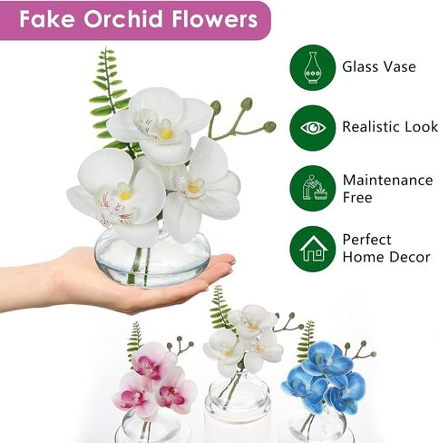White Orchids Artificial Flowers Faux Orchids Arrangement in Clear Glass Vases Set of 3 Real Touch Phalaenopsis Orchid Flowers Small Fake Orchid Centerpiece for Dining Room Table in Saudi Arabia