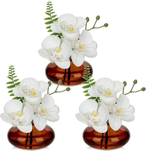 White Orchids Artificial Flowers Faux Orchids Arrangement in Clear Glass Vases Set of 3 Real Touch Phalaenopsis Orchid Flowers Small Fake Orchid Centerpiece for Dining Room Table in Saudi Arabia