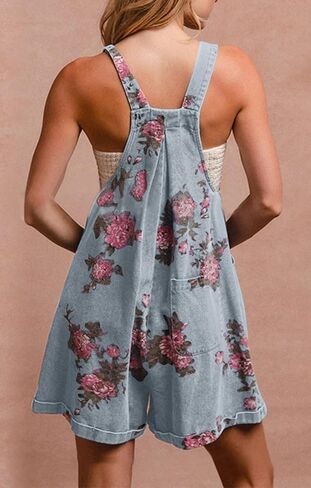 chouyatou Women's Summer Embroidered Floral Denim Short Overalls Workout Sleeveless Jean Romper with Pockets in Saudi Arabia