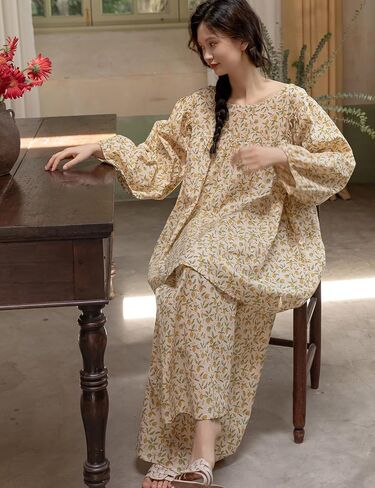 Ailzeye Women's 100% Cotton Pajamas Set Sleepwear Loungewear Nightgown Top and Pants Set in Saudi Arabia