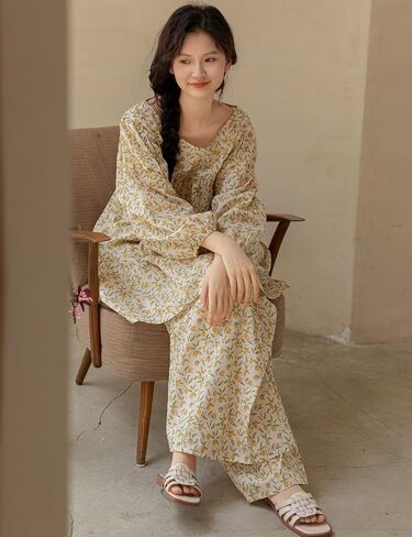 Ailzeye Women's 100% Cotton Pajamas Set Sleepwear Loungewear Nightgown Top and Pants Set in Saudi Arabia