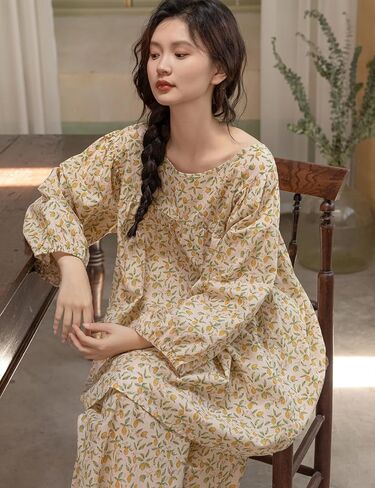 Ailzeye Women's 100% Cotton Pajamas Set Sleepwear Loungewear Nightgown Top and Pants Set in Saudi Arabia