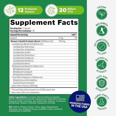 بروبيوتيك للمرأة ، كبسولات مكملات صحية مهبلية وأمعاء ومكملات من المناعة ، 20 مليار وحدة تقليدية ، 12 سلالة بروبيوتيك ، نباتي ، 30 زجاجة. in Kuwait