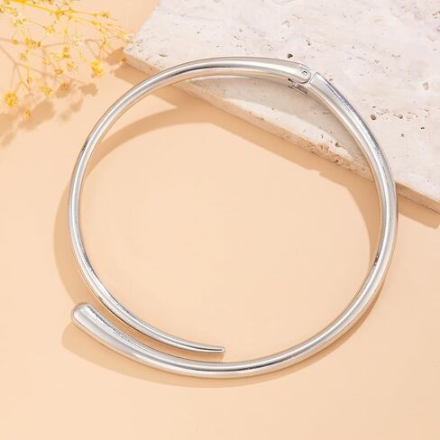 Chunky Choker Collar Necklace Gold Silver Metal Smooth Spring Open Teardrop Choker Statement Open Round Collar Necklace Trendy Minimalist Necklace for Women in Kuwait