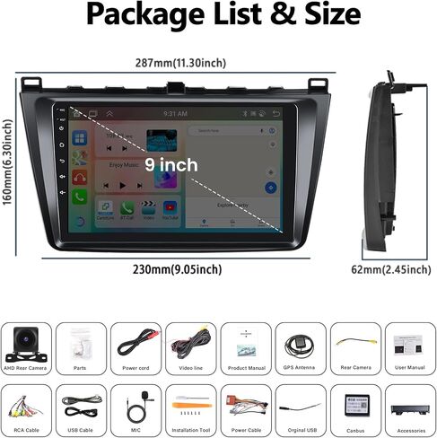 2+64G Android 13 Car Stereo for Mazda 6 Rui Wing 2007-2012 with Apple Carplay Android Auto Mirror Link 9 inch Touchscreen FM RDS HiFi Bluetooth WiFi GPS+Camera & MIC in Saudi Arabia