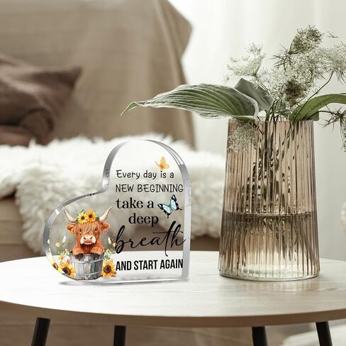 Spring Decorations Highland Cow Gifts for Women Friends Daughter Sister, Every day is a New Beginning Motivational and Inspirational Decorations for Home Bathroom, Housewarming Acrylic Keepsake Gifts in Kuwait