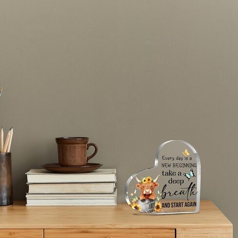 Spring Decorations Highland Cow Gifts for Women Friends Daughter Sister, Every day is a New Beginning Motivational and Inspirational Decorations for Home Bathroom, Housewarming Acrylic Keepsake Gifts in Kuwait