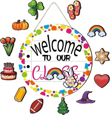 Ctosree Welcome to Classroom Sign 12" Back to School Front Door Sign Seasonal Door Hanger Wreath Interchangeable First Day of School Classroom Rainbow Bulletin Board Window DIY Wall Decor(Fresh) in Saudi Arabia