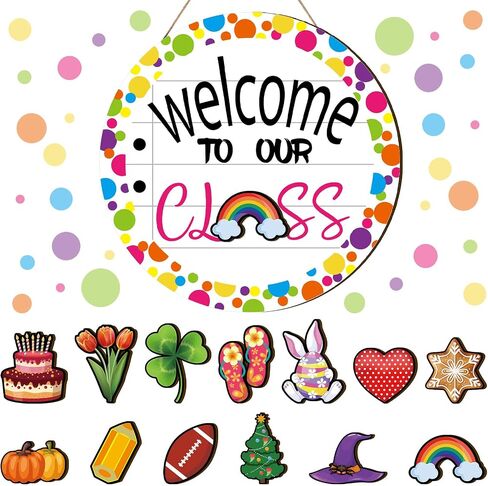 Ctosree Welcome to Classroom Sign 12" Back to School Front Door Sign Seasonal Door Hanger Wreath Interchangeable First Day of School Classroom Rainbow Bulletin Board Window DIY Wall Decor(Fresh) in Saudi Arabia
