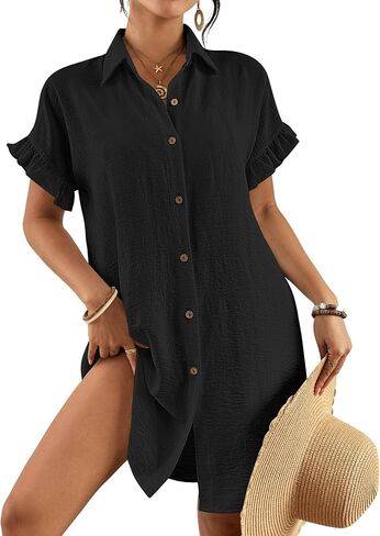 Eddoyee Womens Beach Swimsuit Cover Ups Button Down Bathing Suit Shirt Pleated Bikini Swimwear Top in Kuwait