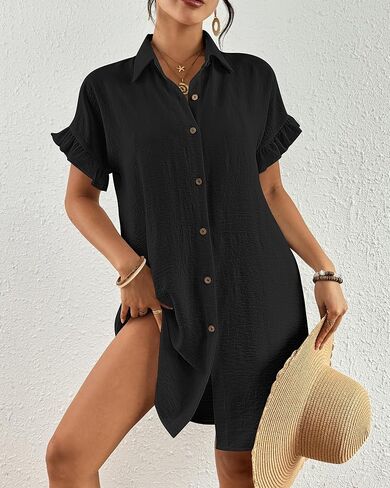 Eddoyee Womens Beach Swimsuit Cover Ups Button Down Bathing Suit Shirt Pleated Bikini Swimwear Top in Kuwait
