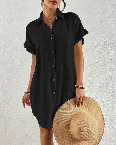 Eddoyee Womens Beach Swimsuit Cover Ups Button Down Bathing Suit Shirt Pleated Bikini Swimwear Top in Kuwait