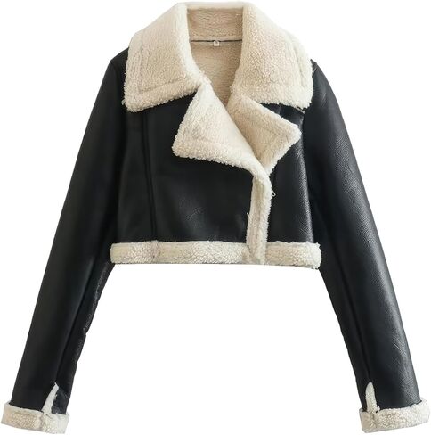 Women’s Black Genuine Sheepskin Sherpa Shearling Faux Fur Lined Winter Warm Chic Short Fashionable Bomber Leather Jacket (Large, Black) in Saudi Arabia
