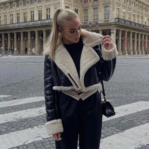 Women’s Black Genuine Sheepskin Sherpa Shearling Faux Fur Lined Winter Warm Chic Short Fashionable Bomber Leather Jacket (Large, Black) in Saudi Arabia