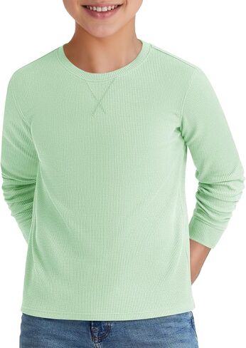 Haloumoning Kids Boys Casual T Shirts Waffle Knit Long Sleeve Crewneck Cute Loose Fall Tee Tops 5-14 Years in Saudi Arabia