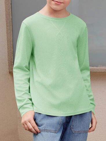 Haloumoning Kids Boys Casual T Shirts Waffle Knit Long Sleeve Crewneck Cute Loose Fall Tee Tops 5-14 Years in Saudi Arabia