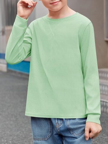 Haloumoning Kids Boys Casual T Shirts Waffle Knit Long Sleeve Crewneck Cute Loose Fall Tee Tops 5-14 Years in Saudi Arabia