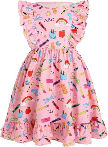 ODASDO Girls Back to School Dress Apple Pencil Printed Causal Flutter Sleeve Swing Twirly Dress First Day of School Clothes in Saudi Arabia