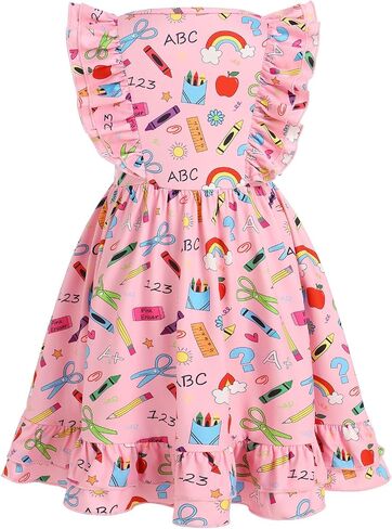 ODASDO Girls Back to School Dress Apple Pencil Printed Causal Flutter Sleeve Swing Twirly Dress First Day of School Clothes in Saudi Arabia