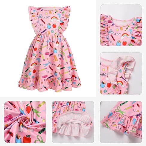 ODASDO Girls Back to School Dress Apple Pencil Printed Causal Flutter Sleeve Swing Twirly Dress First Day of School Clothes in Saudi Arabia