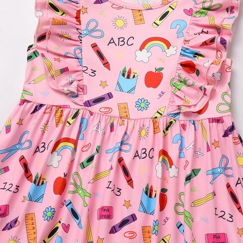 ODASDO Girls Back to School Dress Apple Pencil Printed Causal Flutter Sleeve Swing Twirly Dress First Day of School Clothes in Saudi Arabia